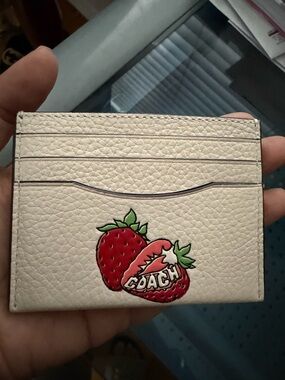 Coach Chalk Multi Pebbled Leather ID Card Case with Strawberry Accent